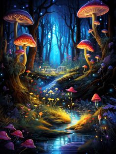 a painting of some mushrooms in the woods