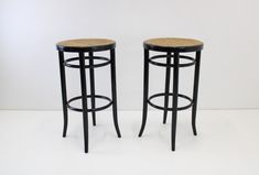 Pair of elegant classic bentwood bar stools with natural cane seats, black. The light but durable chairs were made around 1980. Structurally stable, no wobble, original screws intact.  The chairs are in good vintage condition, with signs of use and age (see all photos for details). Ready for your use, for all lovers of retro design. Dimensions: - width of one chair 40,5 cm - height of one chair 72 cm - weight of one chair 3456 g Worldwide delivery. All items you buy in our shop are carefully pac Kitchen Island Chair, Island Chair, Retro Chairs, Chaise Haute Bar, Bar Chairs Kitchen, Classic Bar Stools, Island Chairs, Retro Chair, Bent Wood