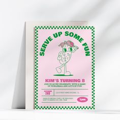 a pink and green poster on a white wall