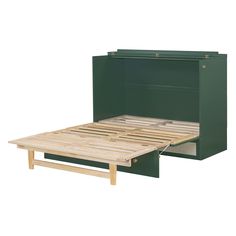 the bed frame is made from wood and has a green metal box on one side