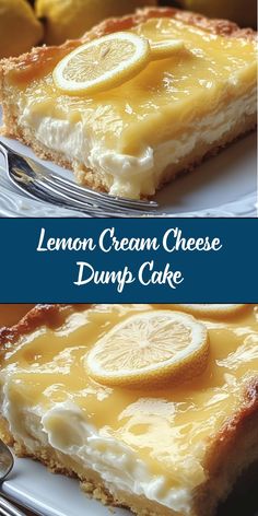 lemon cream cheese dump cake on a white plate with a blue border around the edges