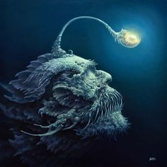 a painting of a fish with its head in the air and light coming from it's mouth