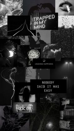 black and white collage with words that say trapped in mind