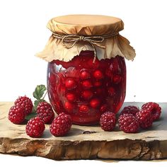 raspberry jam in a glass jar with berries around it