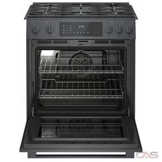 an oven with the door open and two racks on each side