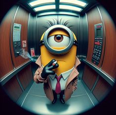 a man in a suit and tie standing next to a minion with a cell phone