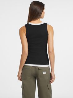 Square necked, slim fitting ribbed tank top with an embroidered star & monogram logo at the chest. Crafted in our organic cotton blend. Ribbed Tank Top, Ribbed Tank Tops, Ribbed Tank, Cotton Tank Top, Guess Jeans, Monogram Logo, Knit Cotton, Jeans Slim, Jet Black