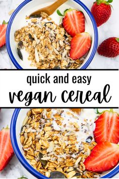 two bowls filled with granola, yogurt and strawberries