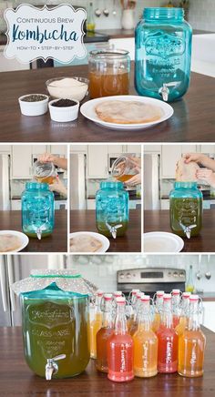 several pictures of jars filled with liquid on top of a wooden table next to plates and utensils