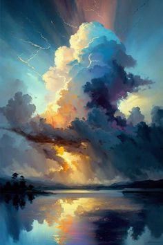 an oil painting of clouds over water with the sun shining through it's clouds