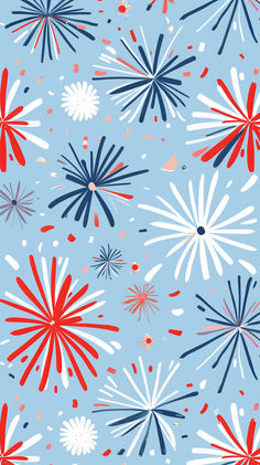 red, white and blue fireworks on a light blue background seamless wallpaper pattern