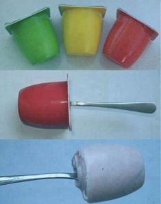 there are four different types of ice cream on spoons and one is pink, green, yellow, and red