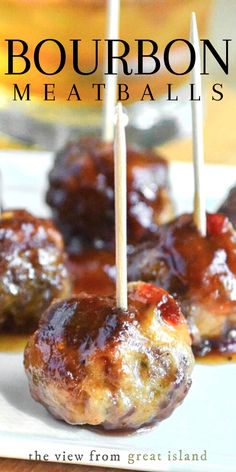 bourbon meatballs on toothpicks Bison Meatballs, Bourbon Meatballs, Bison Recipes, Cocktail Meatballs, Appetizer Meatballs