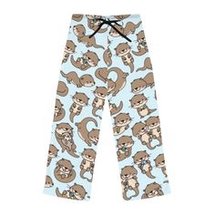 Cheerful otters swim across these cozy pajama pants! Their 100% polyester jersey knit fabric, along with the relaxed fit, makes for the ultimate comfort choice while kicking back at home. Meanwhile, the back elastic with the drawstring tie creates the perfect fit while the all-over-print adds a uniquely stylish dimension! .: 100% polyester jersey .: White seam thread .: Double needle stitching on all seams .: Light fabric (6 oz/yd² (203 g/m .: Relaxed comfort fit .: Back elastic and black drawst Board Game Pajamas, Casual Sleepwear With Pockets For Sleepovers, Comfortable Bottoms For Sleepover, Cozy Relaxed Fit Pants For Sleepover, Cozy Casual Relaxed Fit Pants, Casual Bottoms With Elastic Waistband For Sleepover, Casual Sweatpants For Sleepovers, Harajuku Outfits, Cozy Pajamas