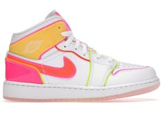 Jordan 1 Mid Edge Glow (GS) - CV4611-100 Jordan 1 Mid Edge Glow, Rosa Jordans, Neon Nike Shoes, Cute Jordans, Pink Jordans, Pretty Sneakers, Nike Shoes Girls, Trendy Shoes Sneakers, Preppy Shoes