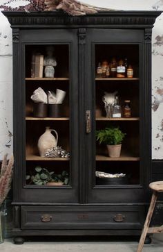 an old black china cabinet with glass doors and shelves filled with potted plants on top