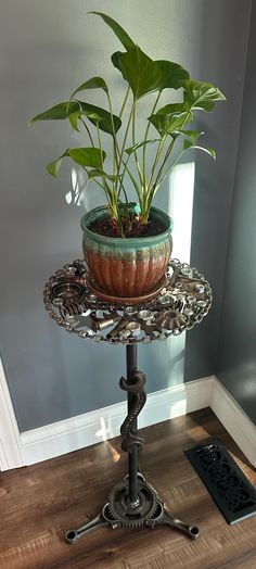 a potted plant sitting on top of a metal stand