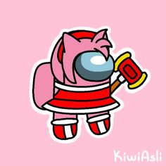 a pink and red cartoon character holding a hammer