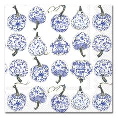 many blue and white plates with designs on them