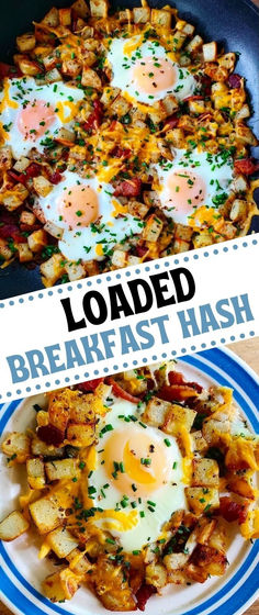 two plates with eggs and hash browns on them next to the words loaded breakfast hash browns