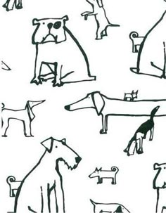 black and white drawing of dogs in various poses