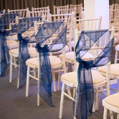 rows of white chairs with blue sashes on them