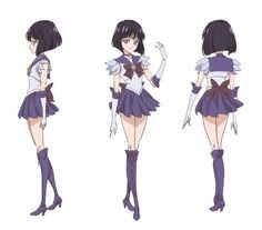 three different views of an anime character with short hair and boots, one in purple