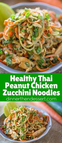 healthy thai peanut chicken zucchini noodle salad with green onions and carrots