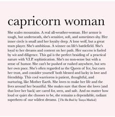 an article about capricorn woman written in black and white on a pink background