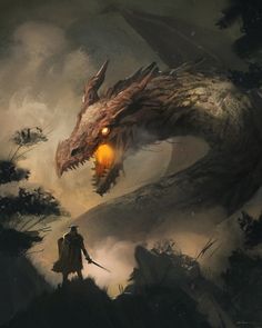 a dragon with glowing eyes is in the middle of a dark forest, while a man stands next to it