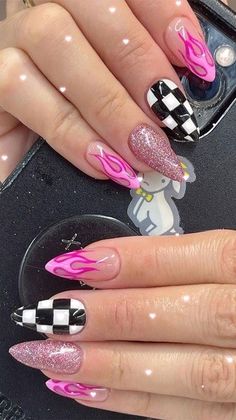 Edm Concert Nails, Edm Festival Nails, Lost Lands Nails, Rave Nails Acrylic, Alternative Nail Ideas, Summer Nails Black, Black Pink Nails, Nails Black Pink, Summer French Tip Nails