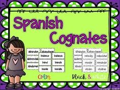 the spanish cognates poster is shown in purple and green