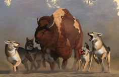 an artist's rendering of a herd of wild animals running towards a large bison