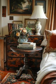 a bed room with a neatly made bed and a table