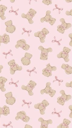 a pink wallpaper with teddy bears and bows on it's head is shown