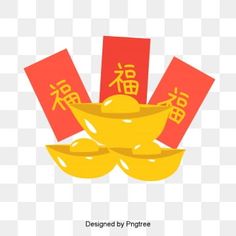 a yellow bowl filled with red packets and chinese characters on the side, transparent background