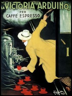 an advertisement for the cafe espresso, featuring a woman in yellow dress and white hat