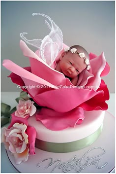 a baby is sleeping on top of a cake with pink flowers and a tiara