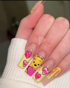 Valentines Day Nails Characters, Valentines Day Nails Cartoon, Cartoon Themed Nails, Winnie The Pooh Valentines Day Nails, Nail Cartoon Design, Valentine Character Nails, Valentines Day Character Nails, Spongebob Valentines Day Nails, Disney Valentines Day Nails