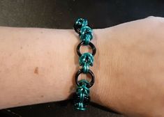 Black & Aqua Half Byzantine Chainmail Metal Statement Bracelet Chainmaille Jewelry Patterns, Chainmaille Tutorial, Chainmaille Bracelet, Chain Maille Jewelry, Solitaire Earrings, Quartz Crystal Necklace, Anodized Aluminum, Chain Mail, Statement Bracelet