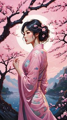 a painting of a woman in a pink kimono with cherry blossoms on the trees