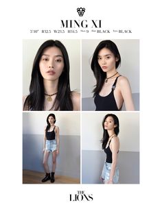 four photos of a woman with long hair and wearing black top, jeans shorts and ankle high boots