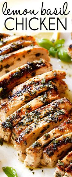 grilled lemon basil chicken on a white plate