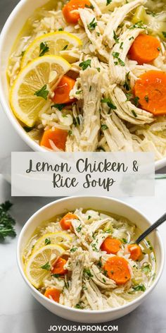 two bowls filled with lemon chicken and rice soup