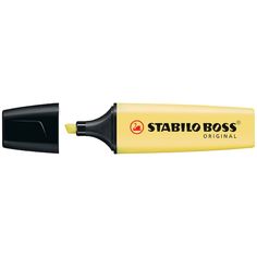 a yellow marker with black ink on it and the word stabio boss written in red