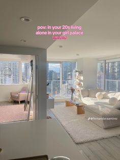 a living room filled with white furniture and lots of tall buildings in the background that reads povn in your 20 - living alone in your gift package