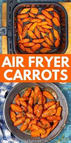 air fryer carrots in a pan with the title above it