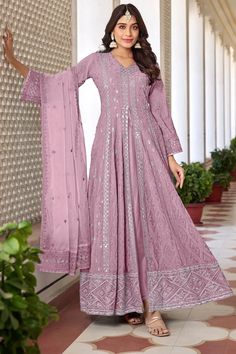 Embroidered Georgette Anarkali Suit In Pink Green Heavy Salwar Suit, Organza Styles, Anarkali Designs, Georgette Anarkali Suits, Georgette Anarkali, Embroidered Anarkali, Suit Collection, Readymade Saree, Silk Bottoms