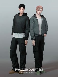 two people standing next to each other wearing black and grey clothing, with the text swagger outfit set