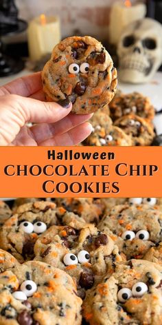 holding a halloween chocolate chip cookies and cookies on a platter. Diy Pumpkin Patch, Free Crochet Pattern Christmas, Halloween Chocolate Chip Cookies, Halloween Cookie Recipes, Candy Eyes, Leftover Halloween Candy, Dulces Halloween